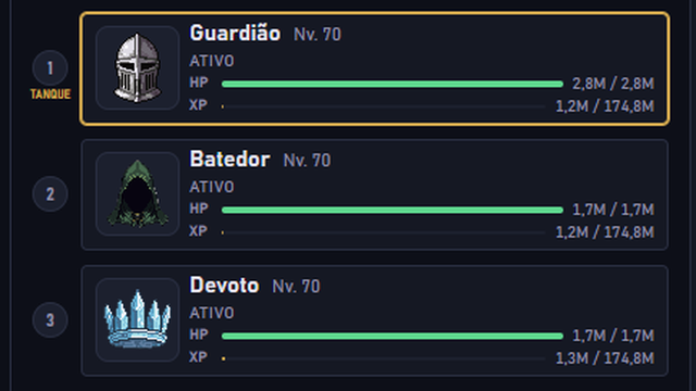 Tela de Herói: as três vagas de luta numeradas, com o Guardião marcado como tanque na primeira